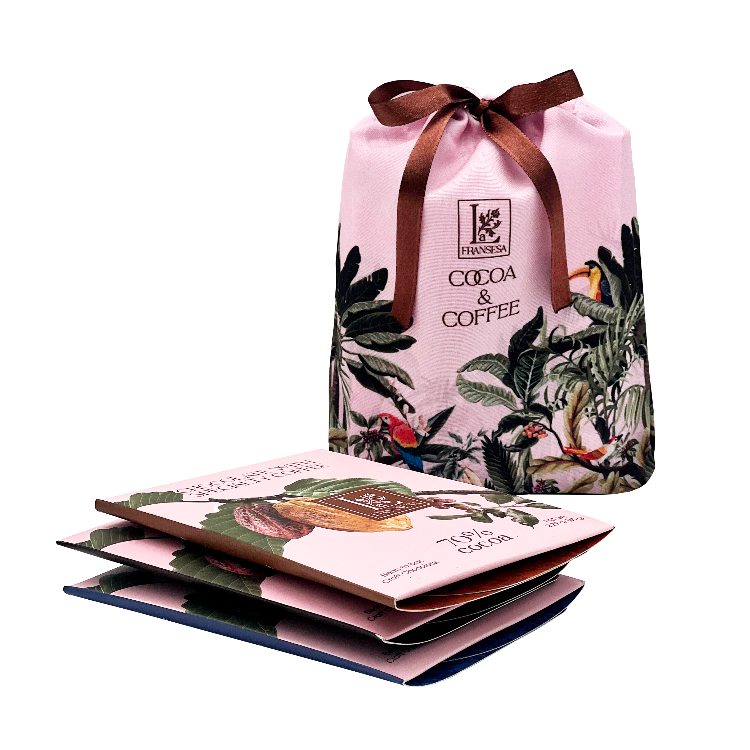 A curated trio of La Fransesa bean-to-bar chocolates presented in a reusable botanical cocoa bag inspired by the lush gardens of Quindío, Colombia.