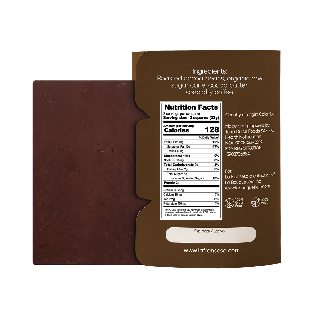 Chocolate with Specialty Coffee - Bean to bar. Craft Chocolate. 70% cocoa