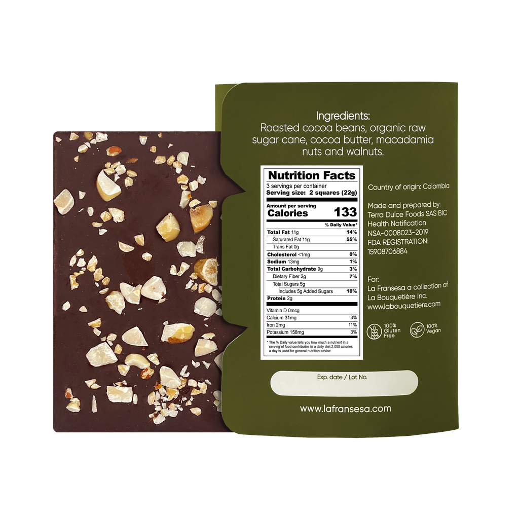Macadamia & Walnuts - Bean to bar. Craft Chocolate. 70% cocoa