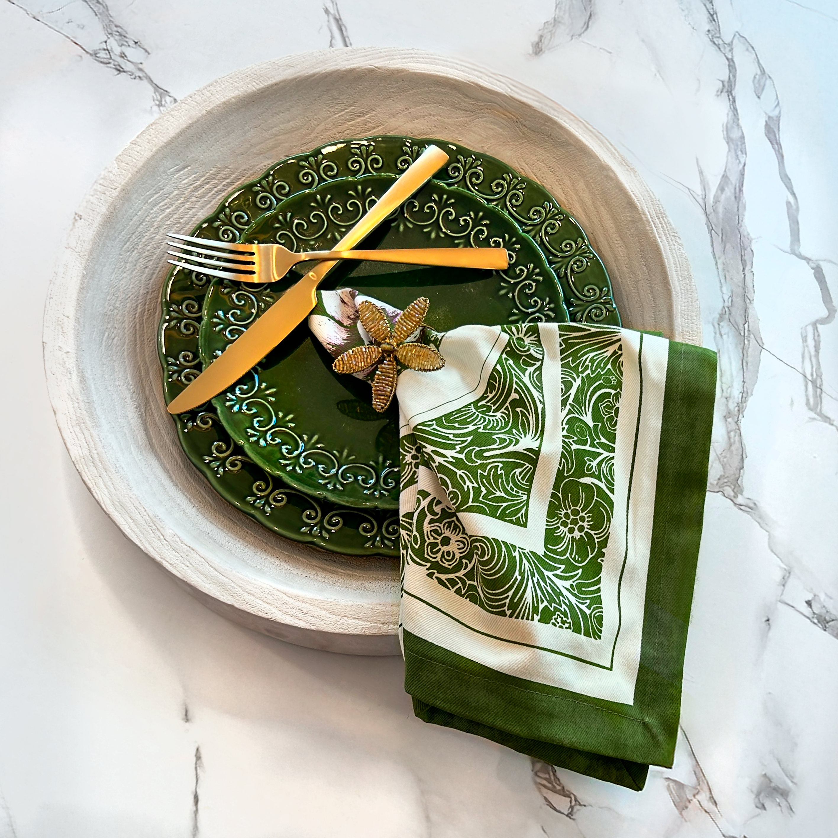 Denim Green Cotton Napkins / Placemats – 100% Colombian Cotton, Hand Block Printed