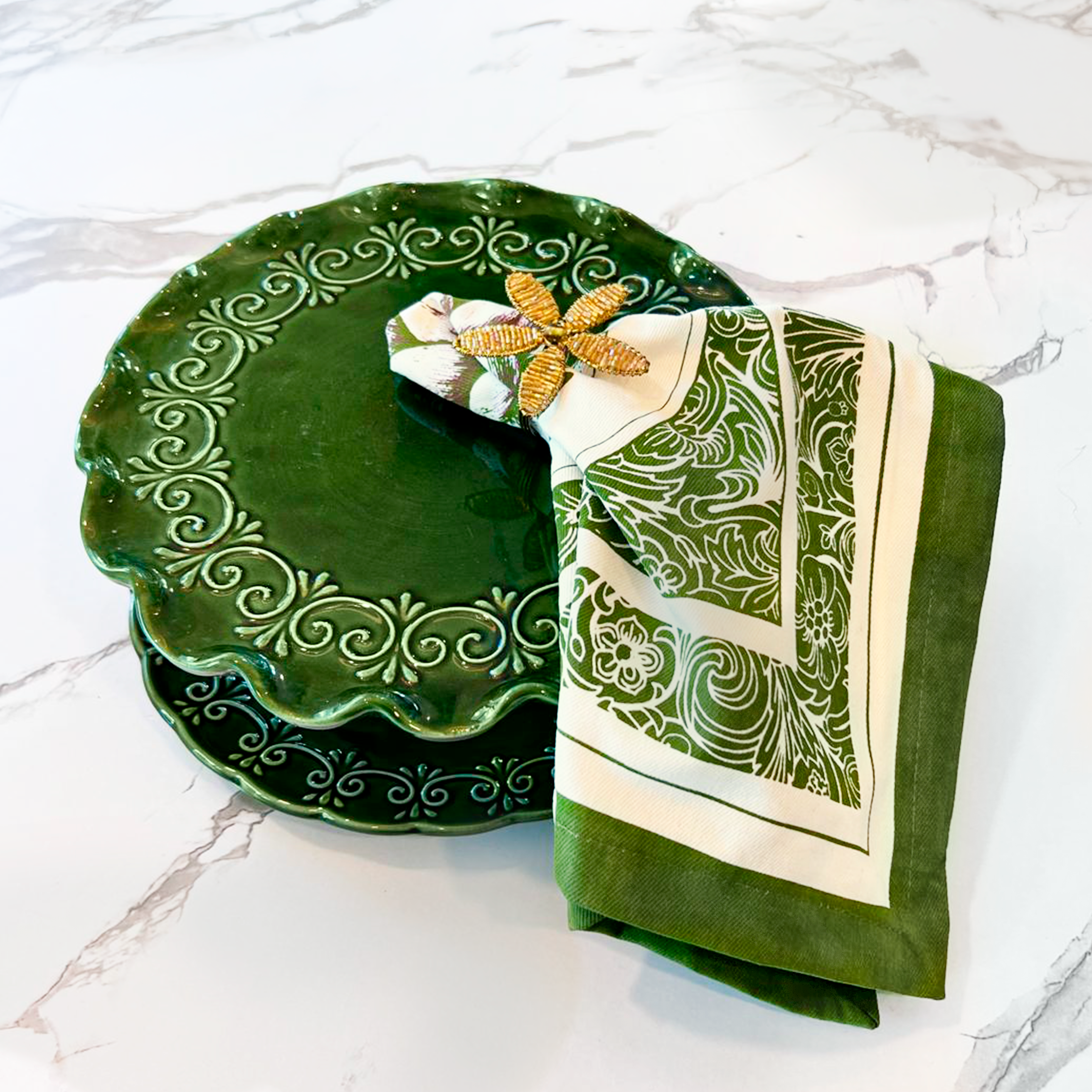Denim Green Cotton Napkins / Placemats – 100% Colombian Cotton, Hand Block Printed